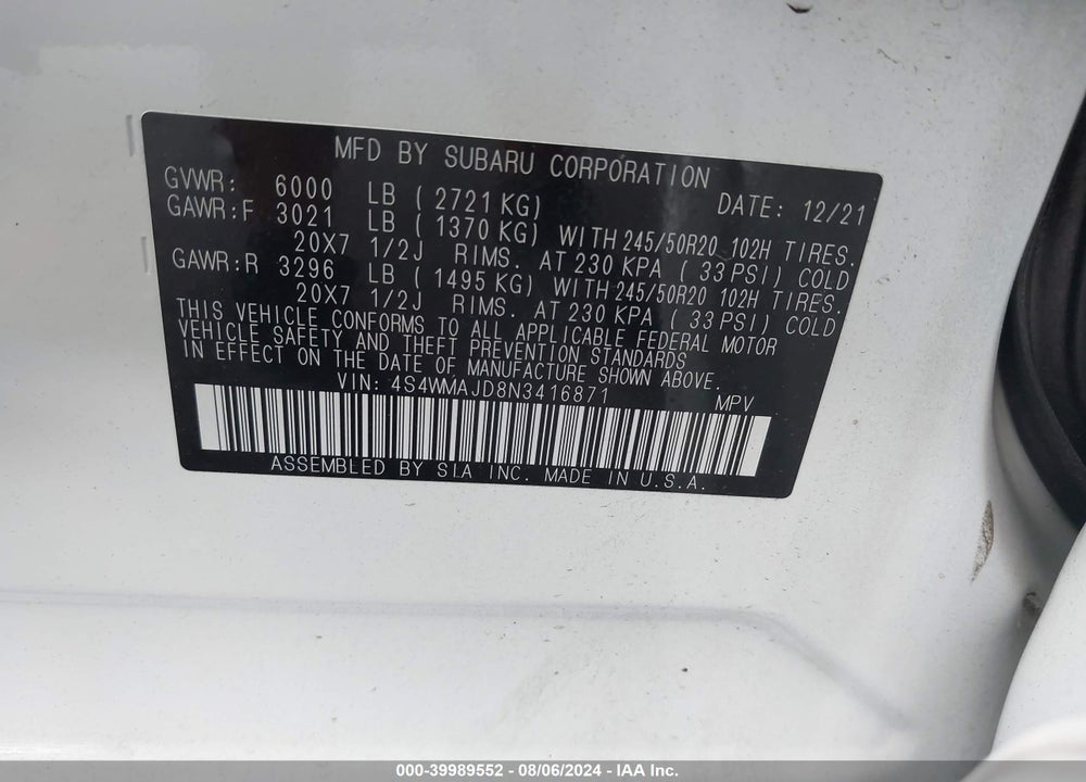 2022 SUBARU ASCENT ONYX EDITION VIN: 4S4WMAJD8N3416871