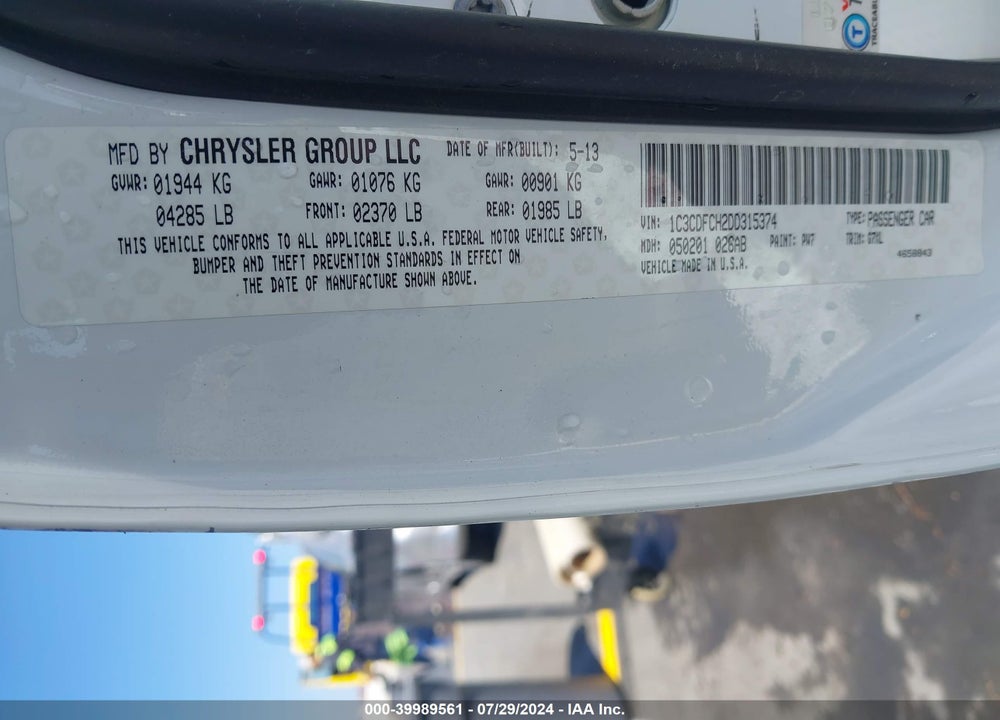 2013 DODGE DART LIMITED VIN: 1C3CDFCH2DD315374