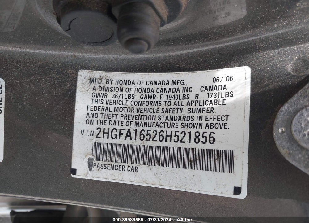 2006 HONDA CIVIC VIN: 2HGFA16526H521856