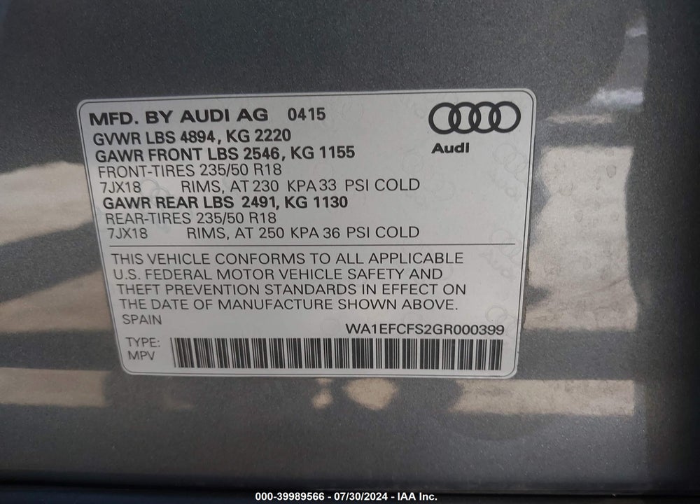 2016 AUDI Q3 2.0T PREMIUM PLUS VIN: WA1EFCFS2GR000399