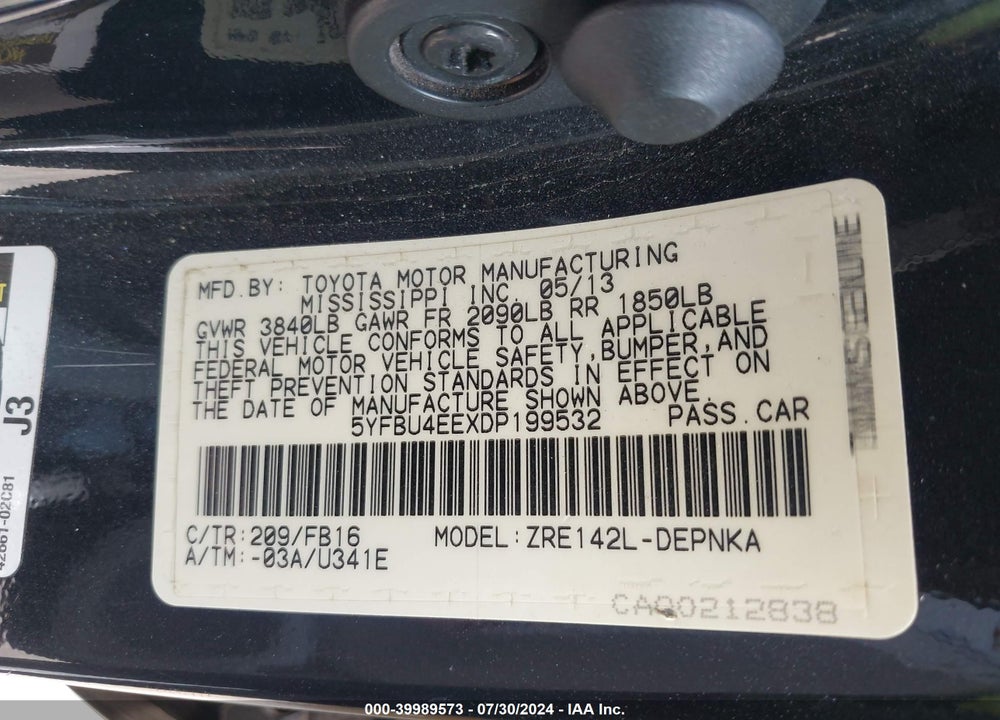 2013 TOYOTA COROLLA VIN: 5YFBU4EEXDP199532