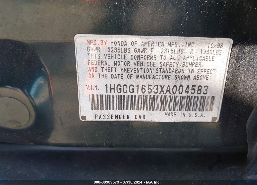 1999 HONDA ACCORD EX V6 VIN: 1HGCG1653XA004583