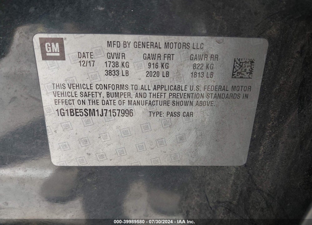 2018 CHEVROLET CRUZE LT AUTO VIN: 1G1BE5SM1J7157996