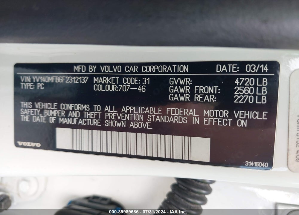 2015 VOLVO S60 T5 PREMIER VIN: YV140MFB6F2312137