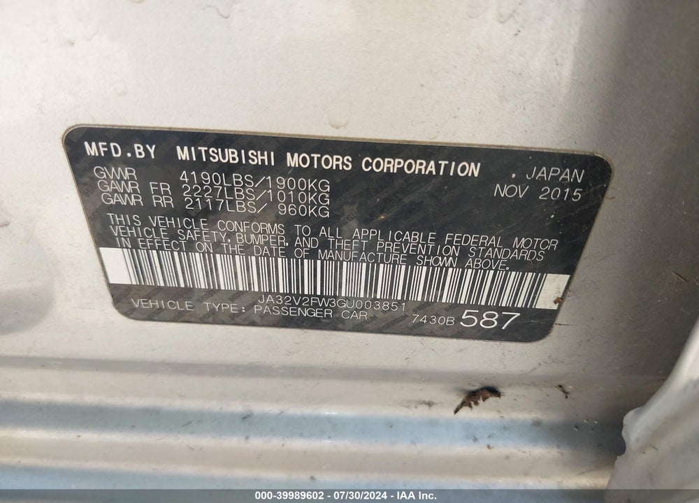 2016 MITSUBISHI LANCER SE VIN: JA32V2FW3GU003851