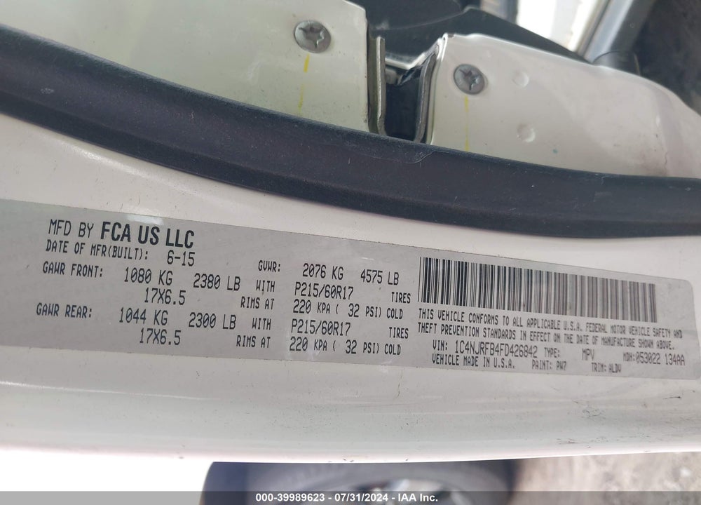 2015 JEEP PATRIOT LATITUDE VIN: 1C4NJRFB4FD426842