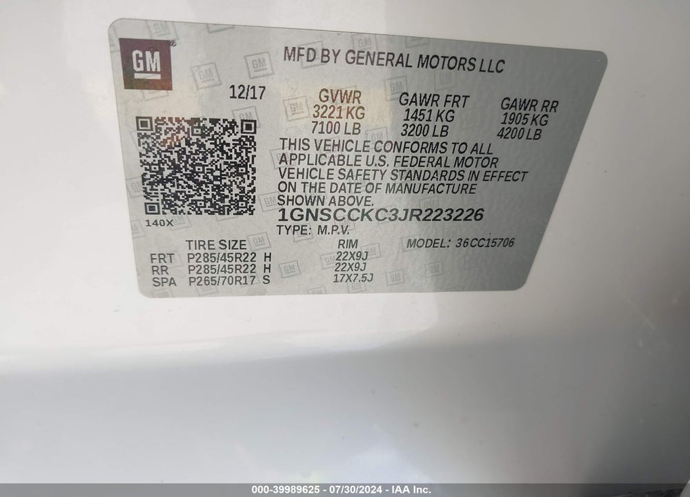 2018 CHEVROLET TAHOE PREMIER VIN: 1GNSCCKC3JR223226