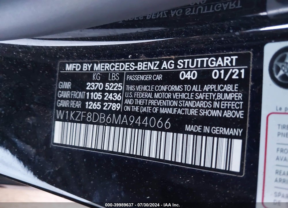 2021 MERCEDES-BENZ E 350 VIN: W1KZF8DB6MA944066
