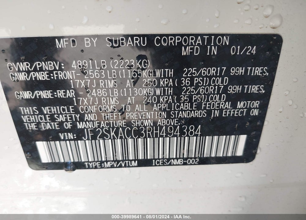 2024 SUBARU FORESTER PREMIUM VIN: JF2SKACC3RH494384