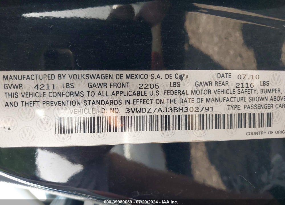 2011 VOLKSWAGEN JETTA 2.5L SE VIN: 3VWDZ7AJ3BM302791