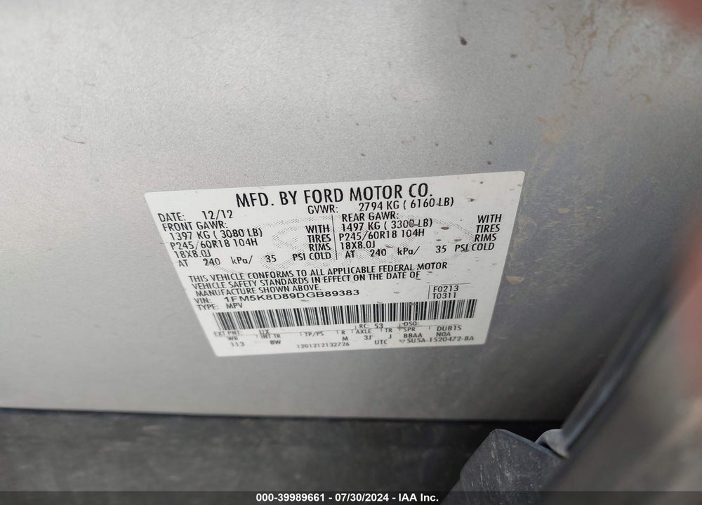2013 FORD EXPLORER XLT VIN: 1FM5K8D89DGB89383