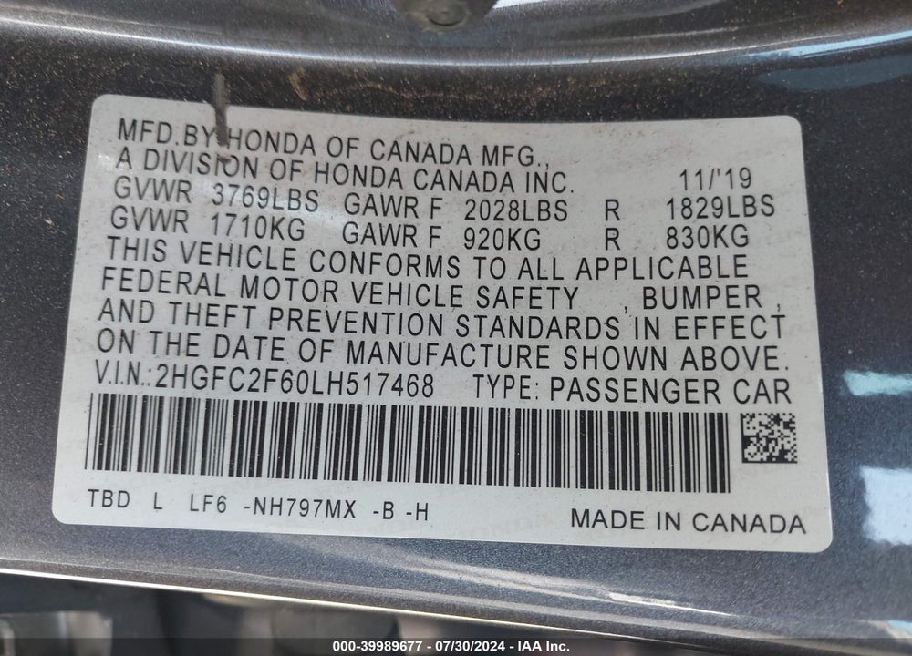 2020 HONDA CIVIC LX VIN: 2HGFC2F60LH517468