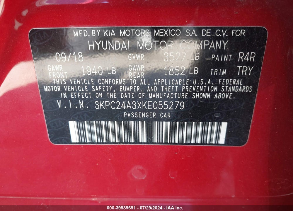 2019 HYUNDAI ACCENT SE VIN: 3KPC24A3XKE055279