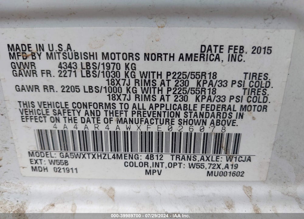 2015 MITSUBISHI OUTLANDER SPORT GT VIN: 4A4AR4AWXFE026078