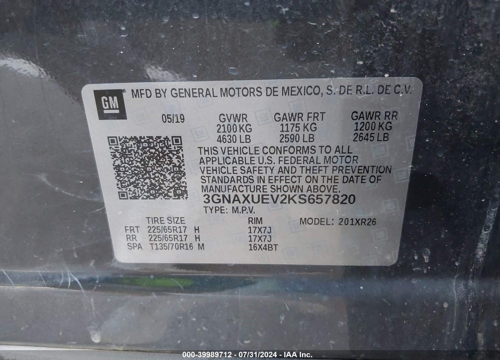 2019 CHEVROLET EQUINOX VIN: 3GNAXUEV2KS657820