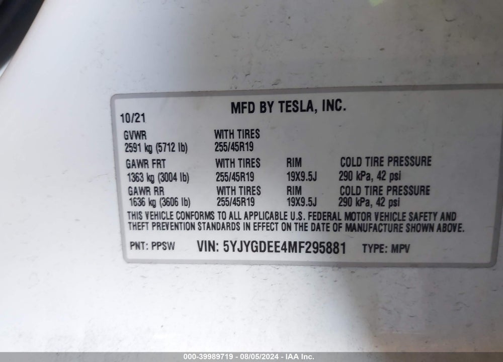 2021 TESLA MODEL Y LONG RANGE DUAL MOTOR ALL-WHEEL DRIVE VIN: 5YJYGDEE4MF295881