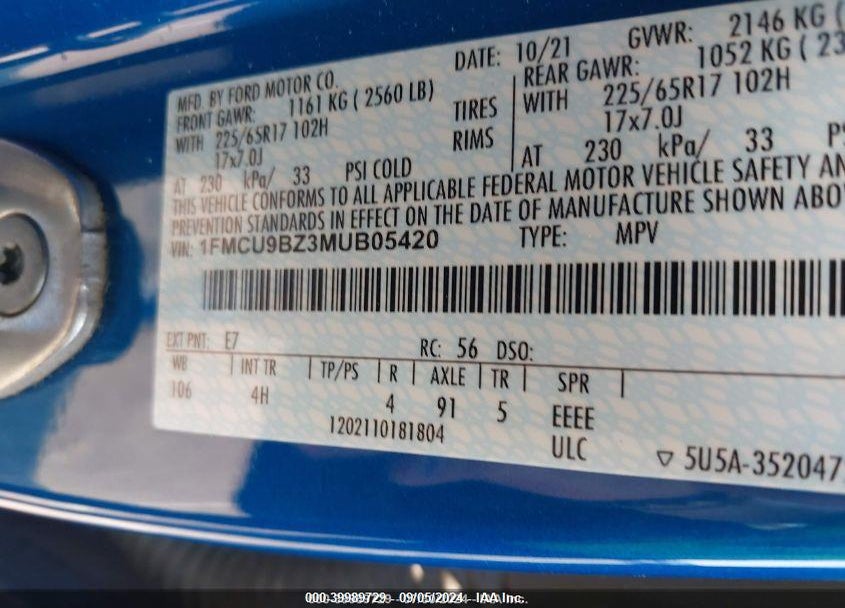 2021 FORD ESCAPE SE HYBRID VIN: 1FMCU9BZ3MUB05420