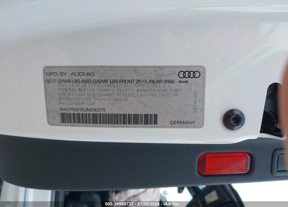 2018 AUDI A5 2.0T PREMIUM VIN: WAUYNGF56JN000375