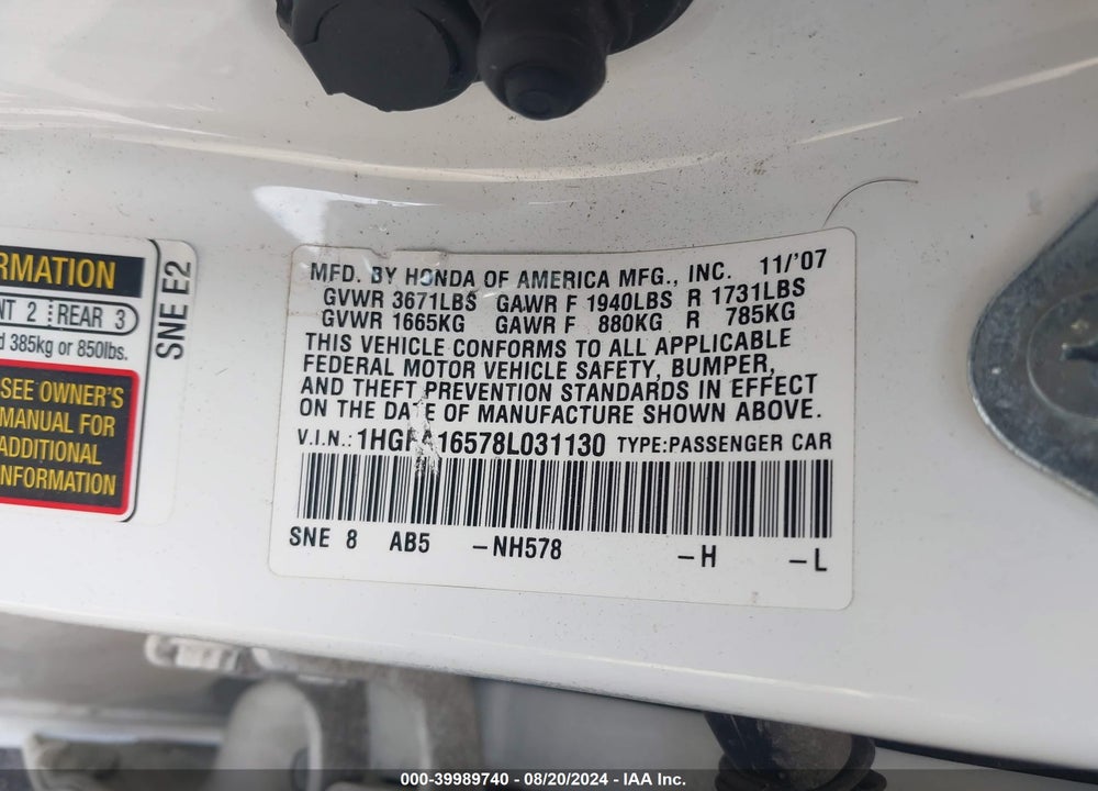 2008 HONDA CIVIC SDN LX VIN: 1HGFA16578L031130