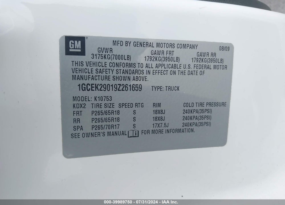 2009 CHEVROLET SILVERADO 1500 LT VIN: 1GCEK29019Z261659