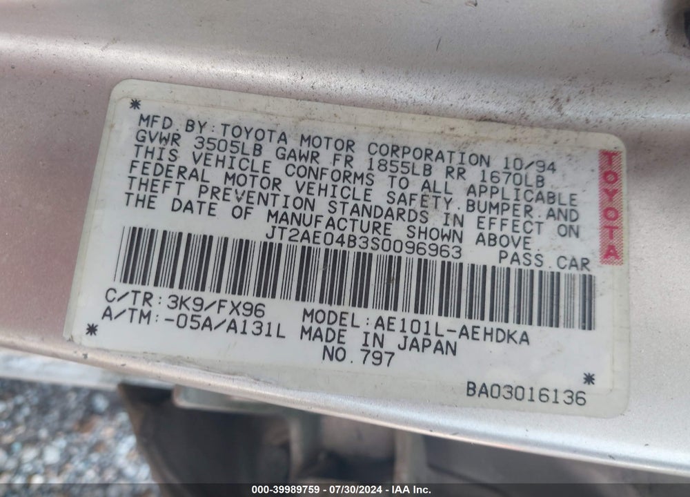 1995 TOYOTA COROLLA VIN: JT2AE04B3S0096963