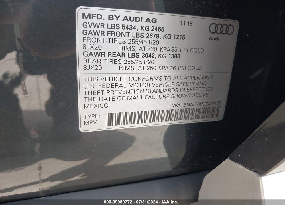 2019 AUDI Q5 45 PREMIUM VIN: WA1BNAFYXK2024160