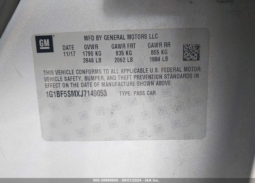 2018 CHEVROLET CRUZE PREMIER AUTO VIN: 1G1BF5SMXJ7149053