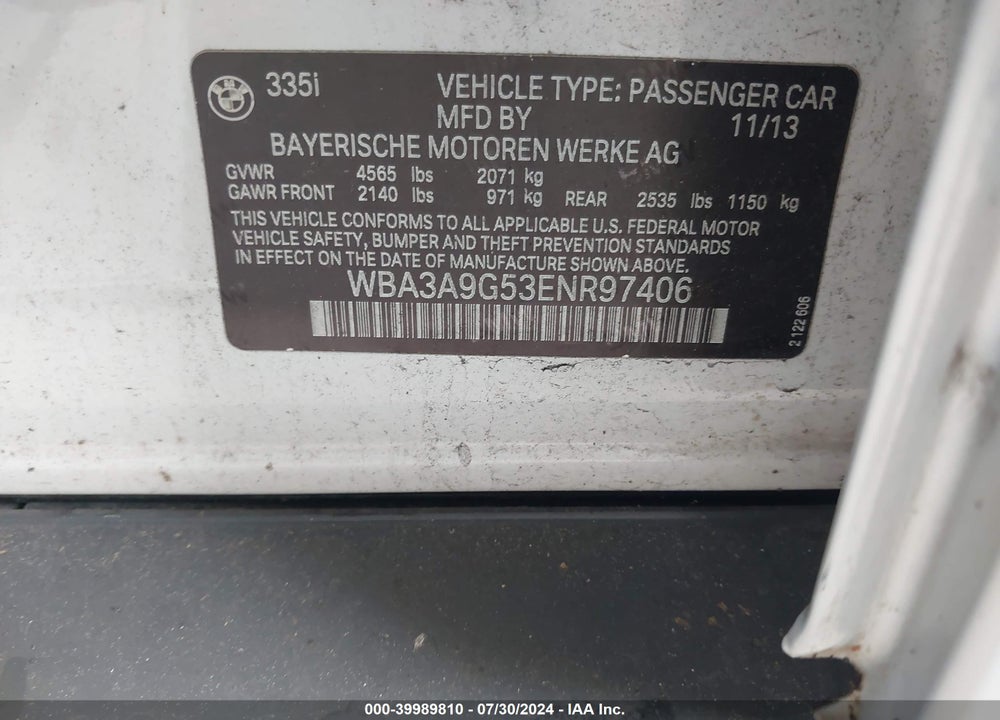 2014 BMW 335I VIN: WBA3A9G53ENR97406