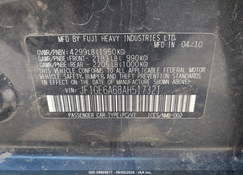 2010 SUBARU IMPREZA 2.5I VIN: JF1GE6A68AH517321