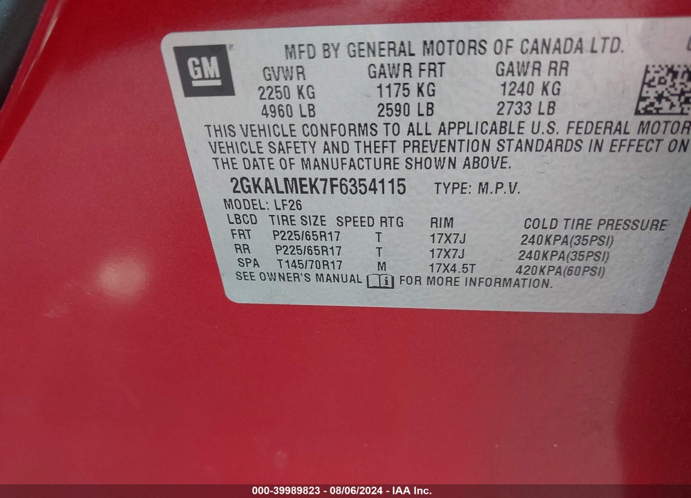 2015 GMC TERRAIN VIN: 2GKALMEK7F6354115