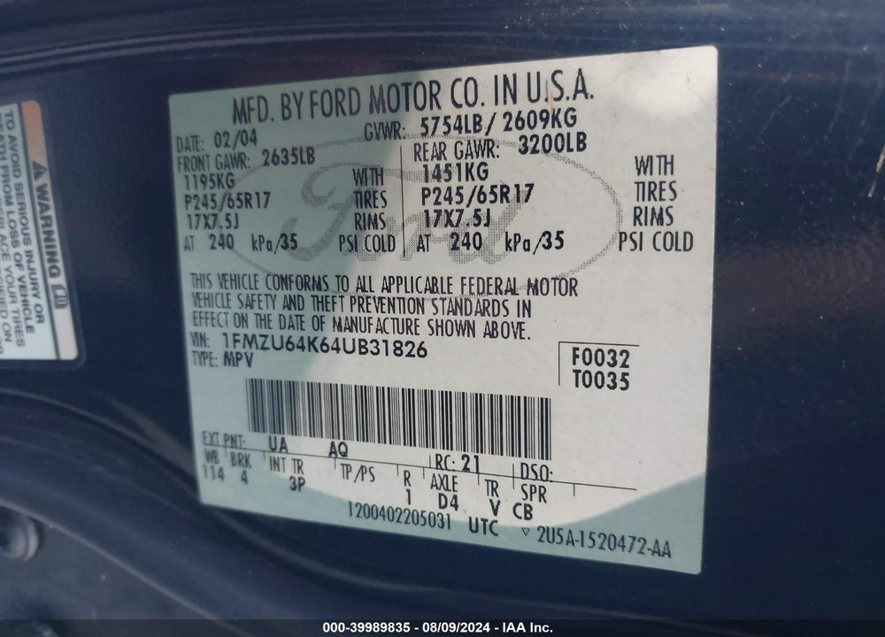 2004 FORD EXPLORER EDDIE BAUER VIN: 1FMZU64K64UB31826