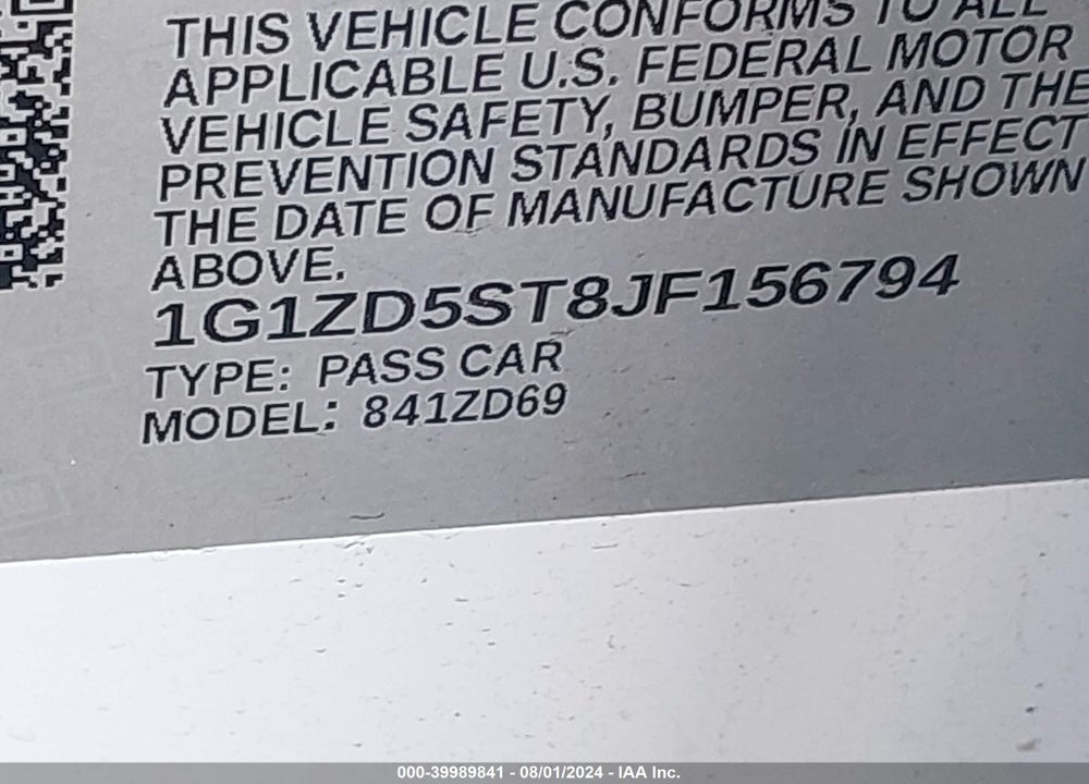 2018 CHEVROLET MALIBU VIN: 1G1ZD5ST8JF156794
