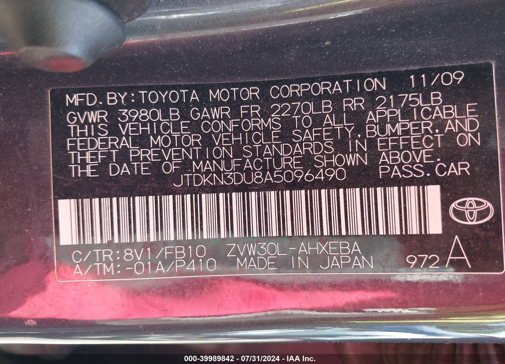 2010 TOYOTA PRIUS III VIN: JTDKN3DU8A5096490