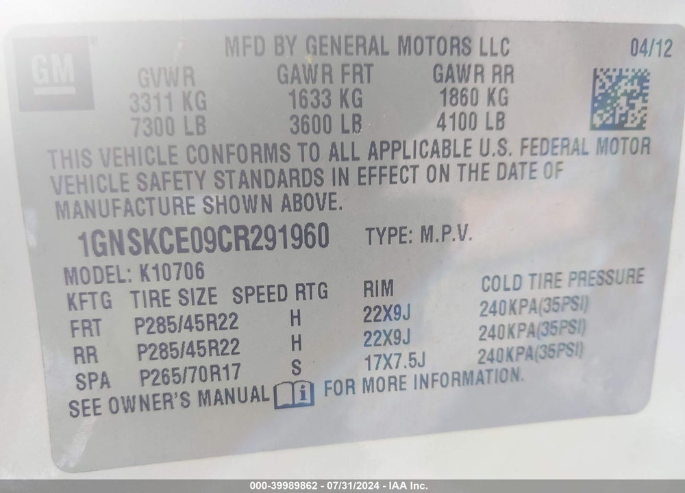 2012 CHEVROLET TAHOE LTZ VIN: 1GNSKCE09CR291960