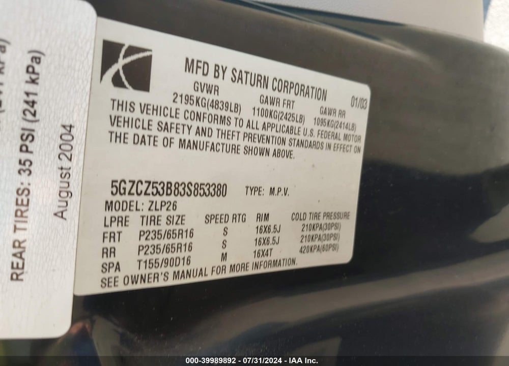 2003 SATURN VUE V6 VIN: 5GZCZ53B83S853380