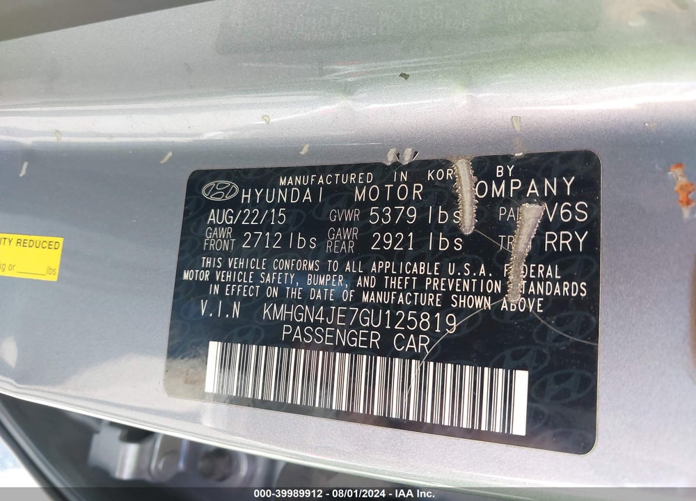 2016 HYUNDAI GENESIS 3.8 VIN: KMHGN4JE7GU125819