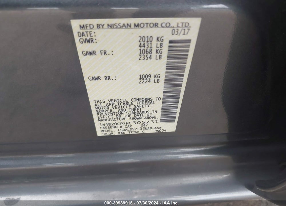 2017 NISSAN LEAF SV VIN: 1N4BZ0CP7HC305731