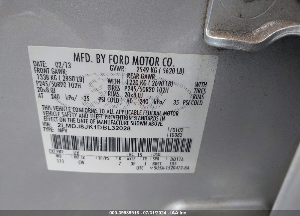 2013 LINCOLN MKX VIN: 2LMDJ8JK1DBL32028