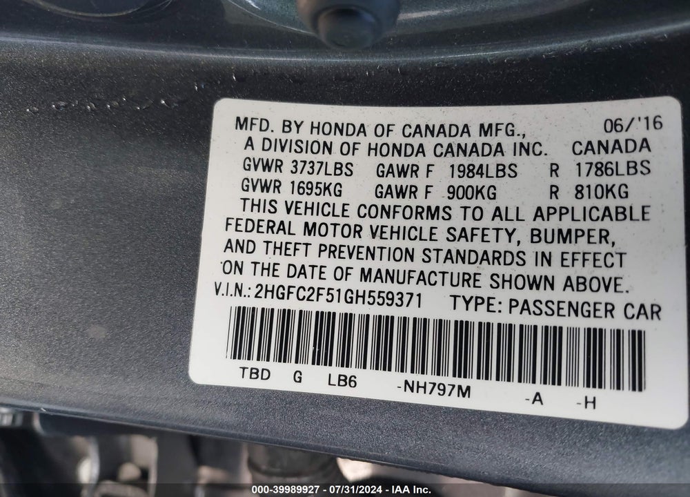 2016 HONDA CIVIC LX VIN: 2HGFC2F51GH559371
