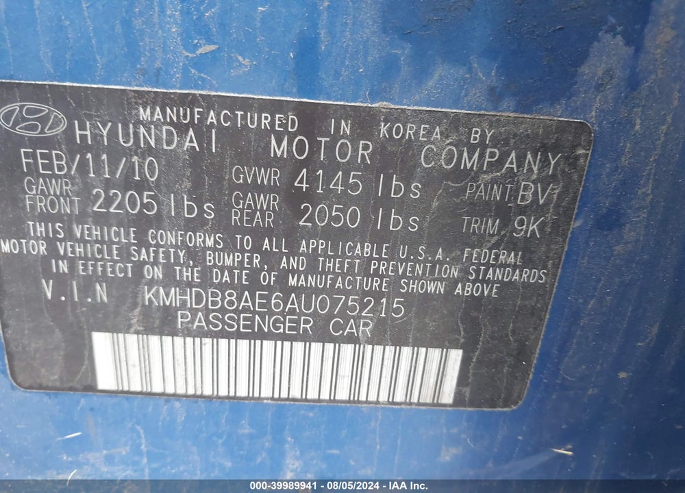2010 HYUNDAI ELANTRA TOURING GLS VIN: KMHDB8AE6AU075215
