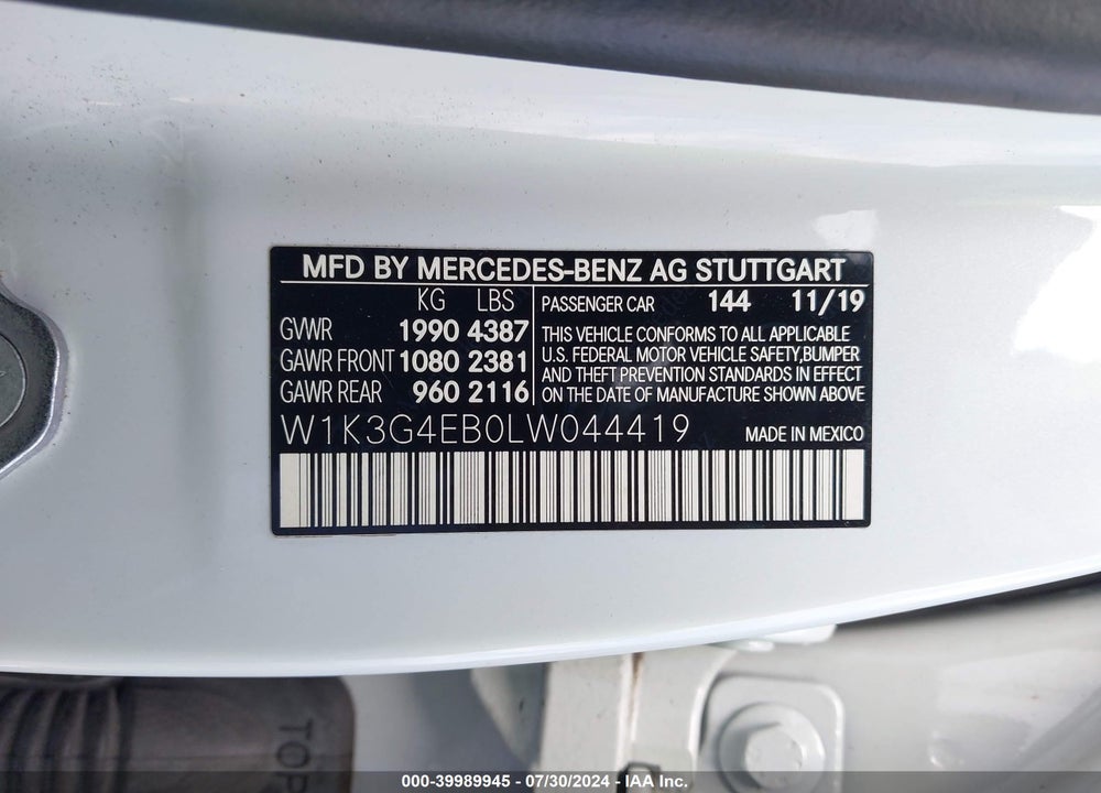 2020 MERCEDES-BENZ A 220 VIN: W1K3G4EB0LW044419