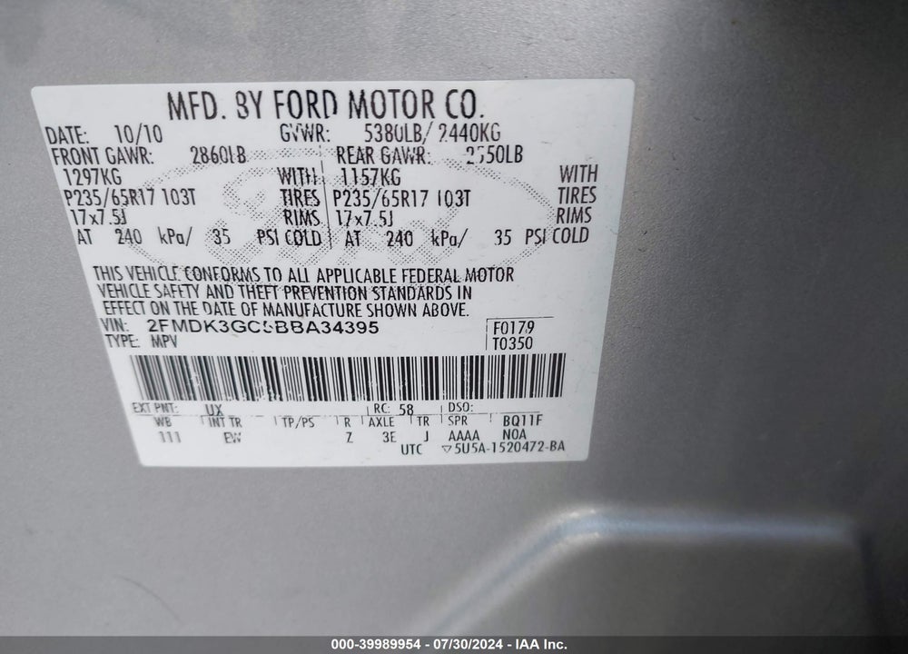 2011 FORD EDGE SE VIN: 2FMDK3GC5BBA34395