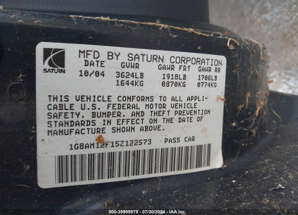 2005 SATURN ION 2 VIN: 1G8AM12F15Z122573