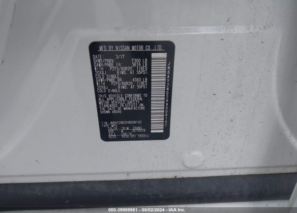 2017 NISSAN ARMADA PLATINUM/SL/SV VIN: JN8AY2ND2H9008102