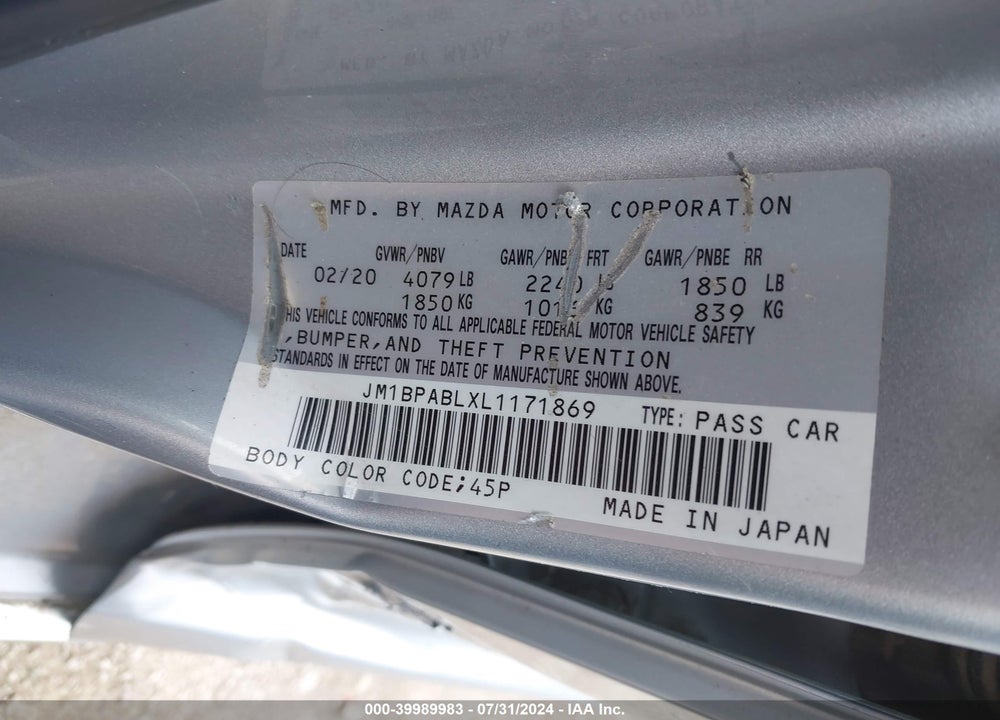 2020 MAZDA 3 VIN: JM1BPABLXL1171869