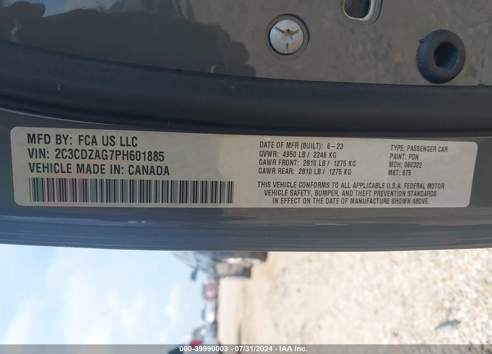 2023 DODGE CHALLENGER SXT VIN: 2C3CDZAG7PH601885