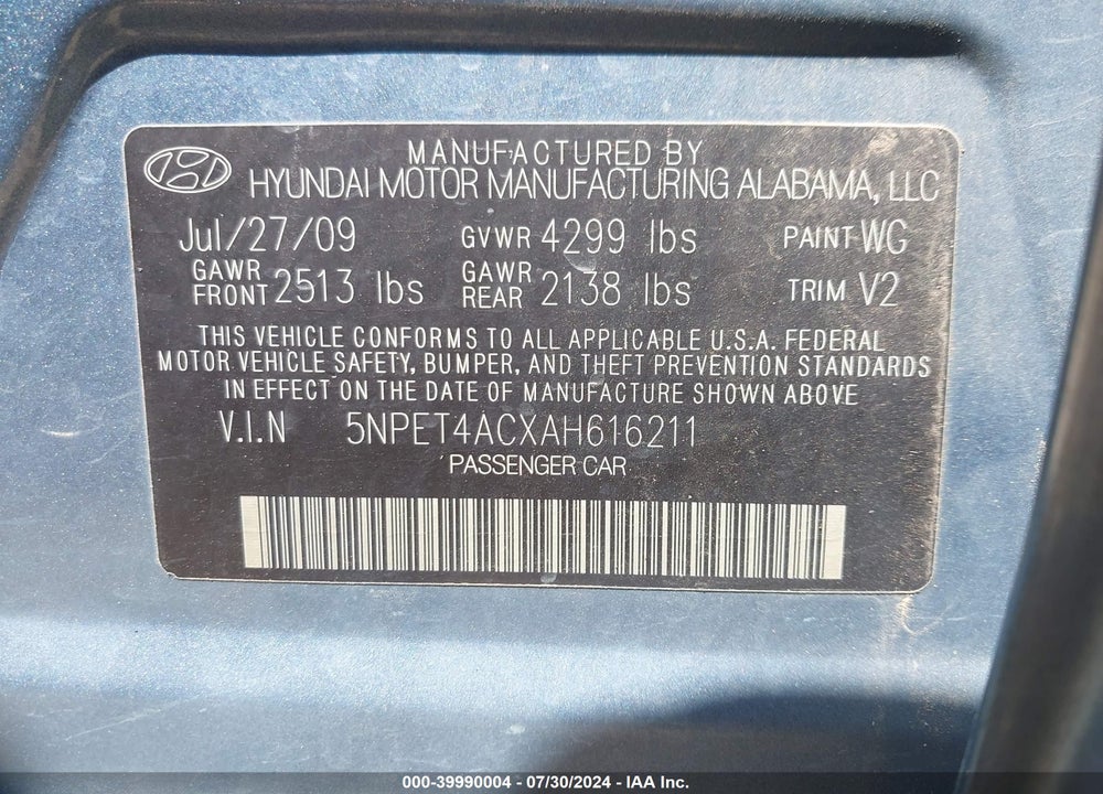 2010 HYUNDAI SONATA GLS VIN: 5NPET4ACXAH616211