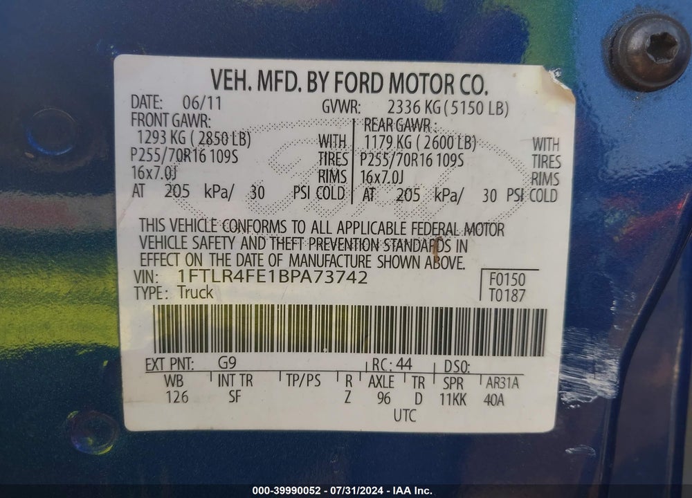 2011 FORD RANGER SPORT VIN: 1FTLR4FE1BPA73742