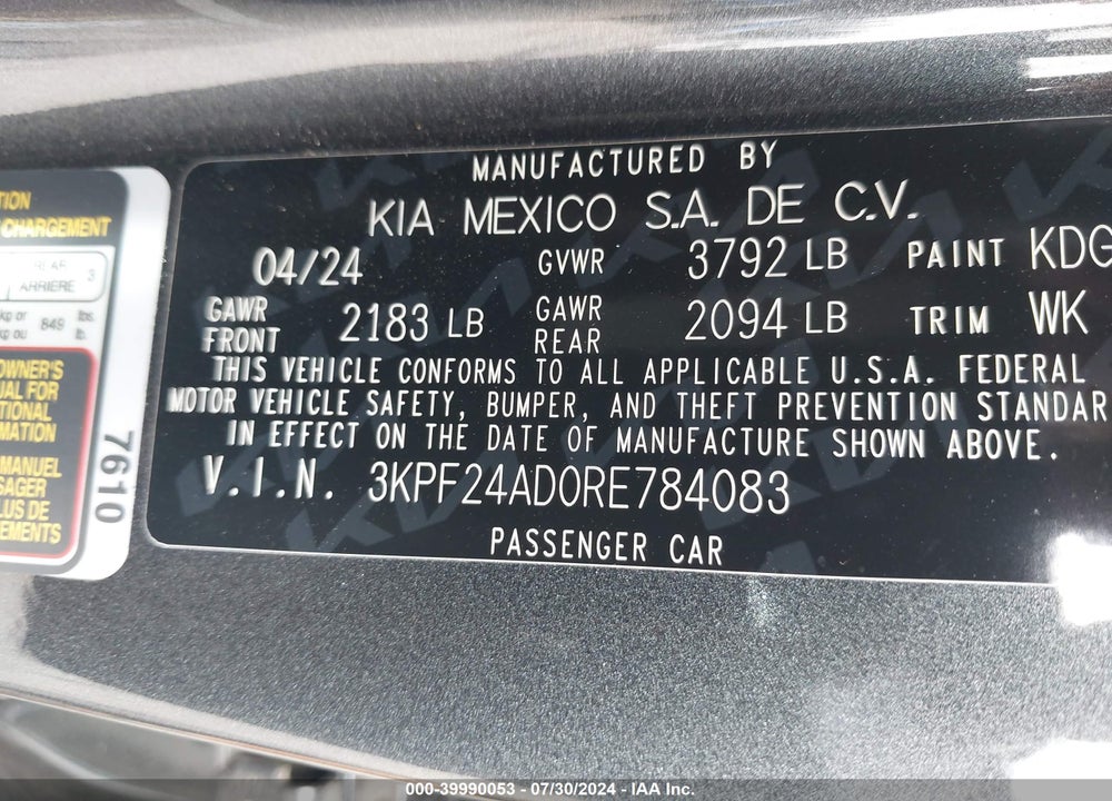 2024 KIA FORTE LXS VIN: 3KPF24AD0RE784083