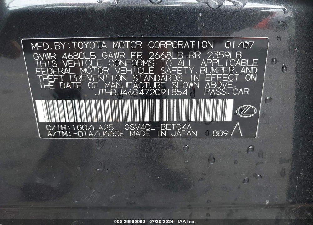 2007 LEXUS ES 350 VIN: JTHBJ46G472091854